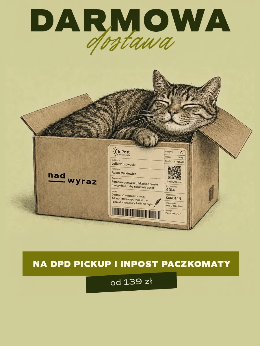 kot w kartonie z etykietą wyysłkową i napis darmowa dostawa na dpd pickup i inpost paczkomaty
